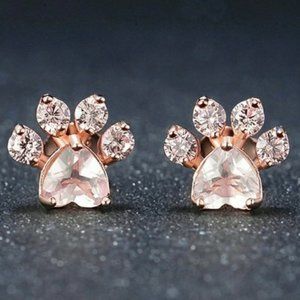NEW 18K Rose Gold Pink Paw Heart Stud Earrings